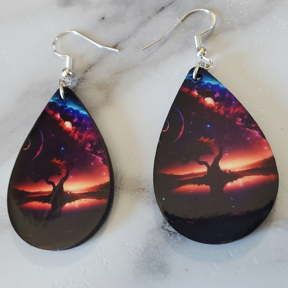 Abstract Tree of Life Teardrop Earrings - Picture 2 of 9